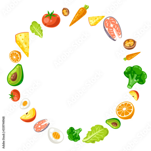 Frame with healthy eating and diet meal. Fruits, vegetables and proteins for proper nutrition.