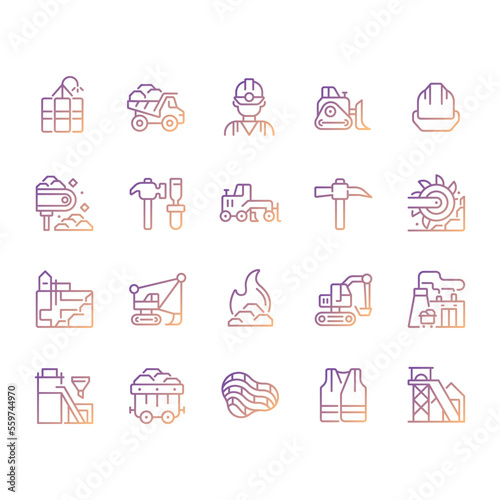 Coal mining pixel perfect gradient linear vector icons set. Personal protective equipment. Heavy industry. Thin line contour symbol designs bundle. Isolated outline illustrations collection