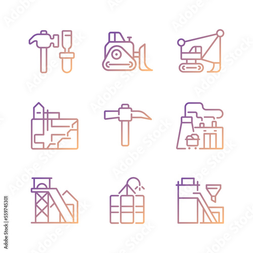 Mining industry related pixel perfect gradient linear vector icons set. Heavy equipment. Coal processing plant. Thin line contour symbol designs bundle. Isolated outline illustrations collection