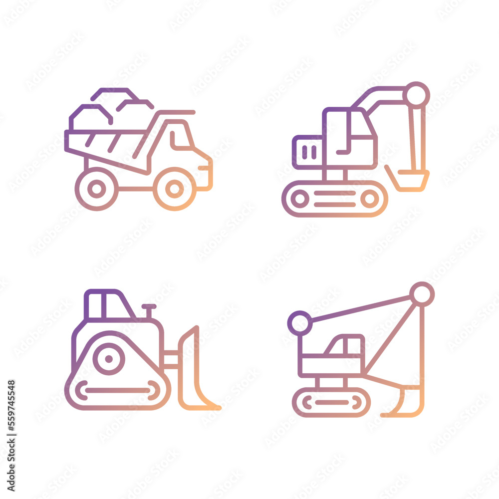Mining vehicles pixel perfect gradient linear vector icons set. Heavy equipment. Coal mining industry. Excavator. Thin line contour symbol designs bundle. Isolated outline illustrations collection Mining vehicles pixel perfect gradient linear vector icons set. Heavy equipment. Coal mining industry. Excavator. Thin line contour symbol designs bundle. Isolated outline illustrations collection