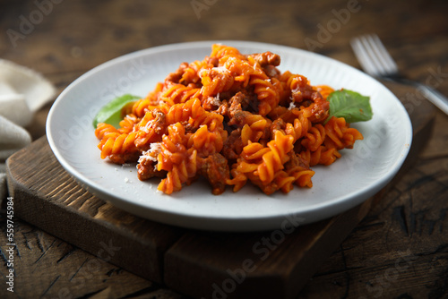 Pasta with minced meat and tomato sauce