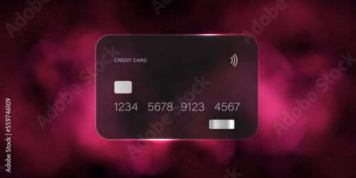 Credit card icon. Glassmorphism style with smoke.Pink smoke or fog. Smoke or fog color isolated on dark background. Realistic pink colorful smoke clouds .10 eps