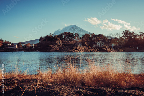 Evening lake overlooking Mount Fuji and the warm sunlight