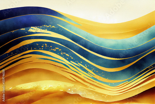 Blue and gold waves gradient lines abstract pattern background, illustration imitating watercolor drawing created with Generative AI technology