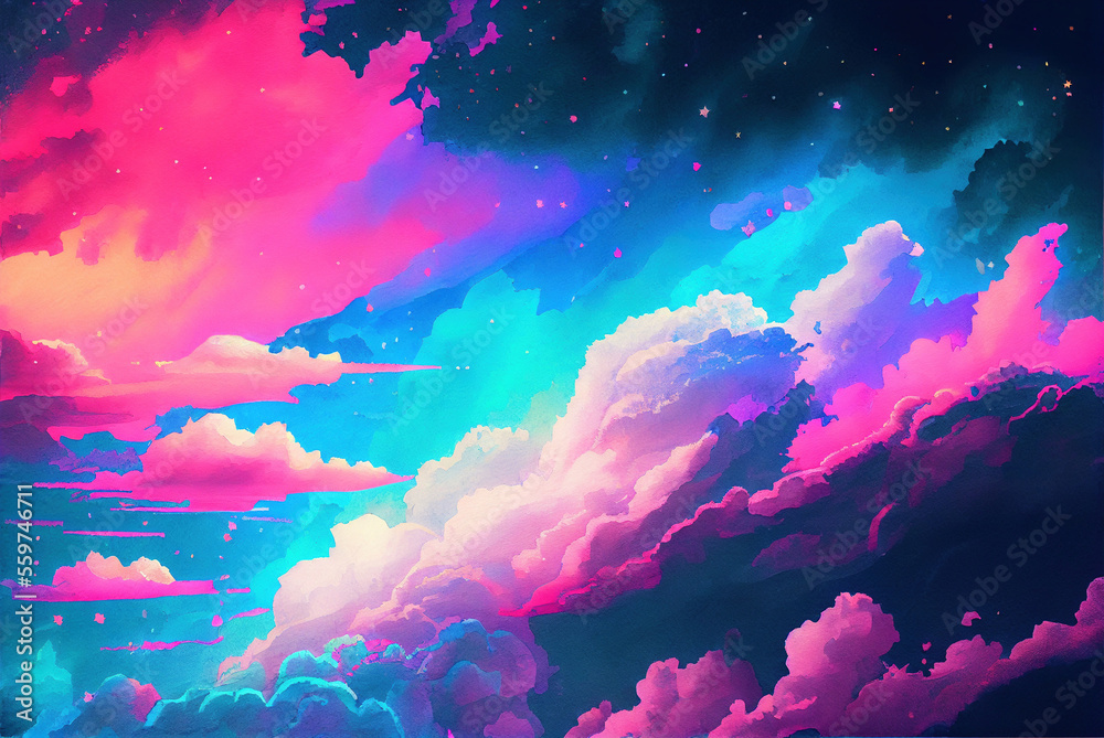 Fantasy dreamy neon night sky with glowing clouds and stars, illustration imitating watercolor drawing created with Generative AI technology