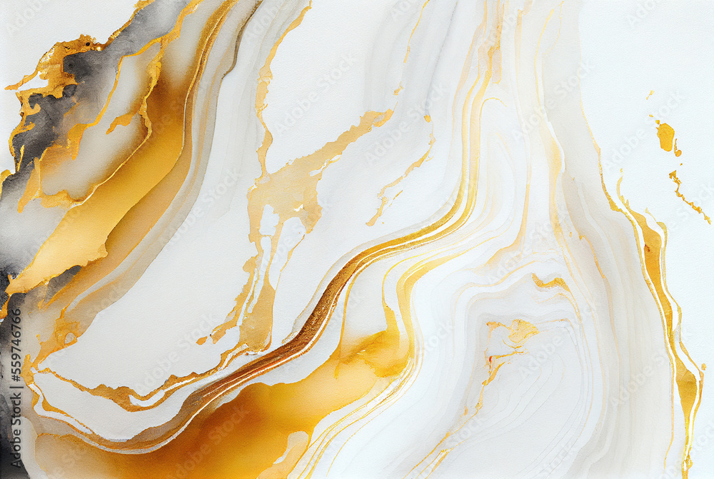 Abstract white and metallic gold luxury marble background, watercolor paint texture imitation created with Generative AI technology