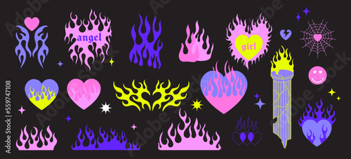 y2k gothic flame tattoo stickers. Retro psychedelic love art. Vector illustration of hand drawn elements, barbed wire, fire, butterfly, heart. Aesthetic nostalgic 2000s goth girly icons.