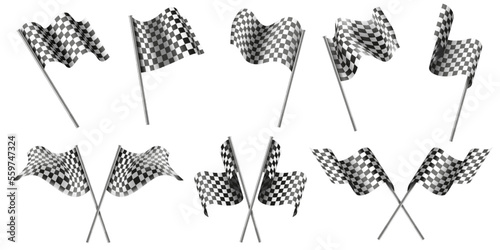 Chequered flags. Finish flag, racing sport winner congratulations and trophy ribbon realistic 3D vector set