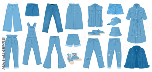 Cartoon clothes. Cartoon jeans pants, casual jacket, skirt and dress, denim fabric garments flat vector illustration set. Jean apparel collection