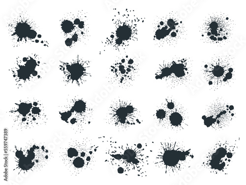 Ink blob splashes. Black paint drops and spots  abstract ink splatters. Liquid writing ink grunge drops silhouettes flat vector illustration set