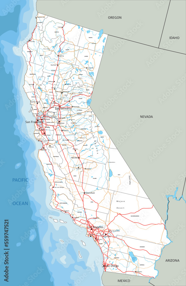 High detailed California road map with labeling.
