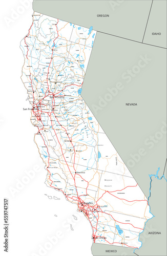 High detailed California road map with labeling.