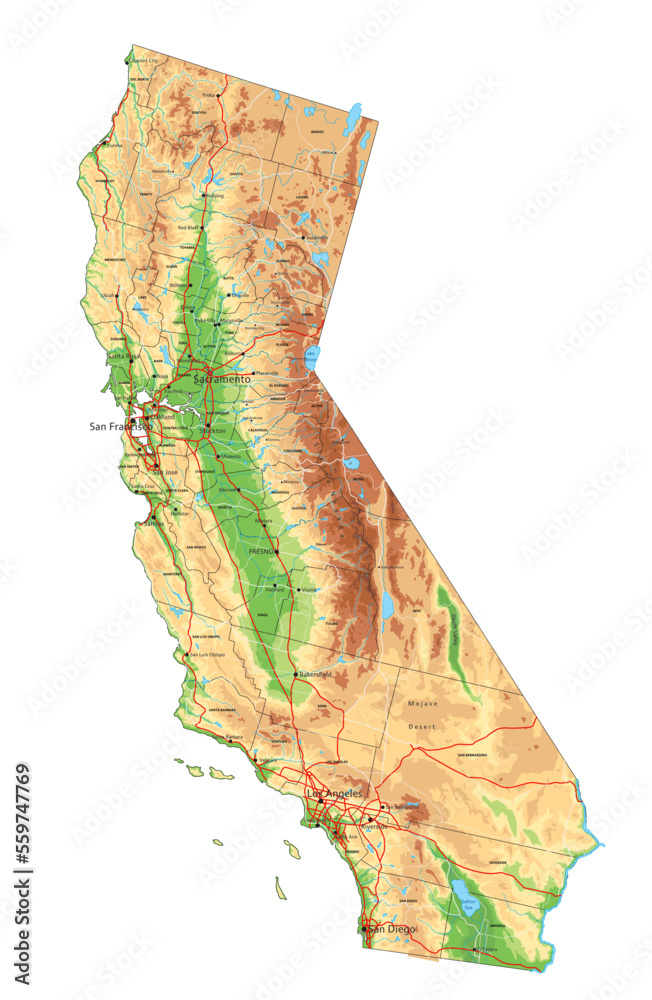 High detailed California physical map with labeling. Stock Vector ...