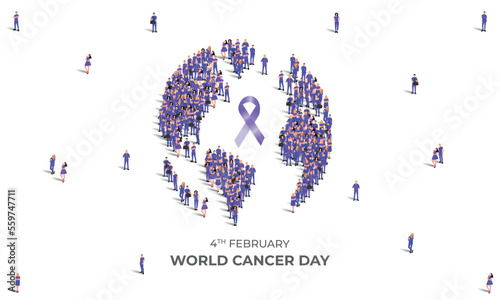 World Cancer Day. A large group of people in purple color form a globe shape with a purple ribbon. Healthcare and medical concept. Vector Illustration.