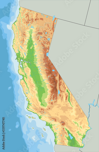High detailed California physical map.