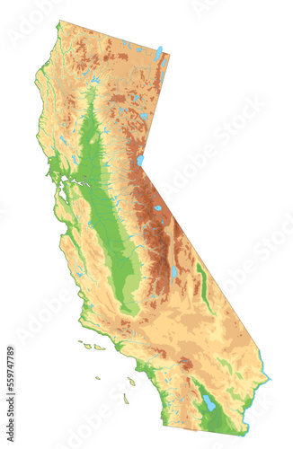 High detailed California physical map.
