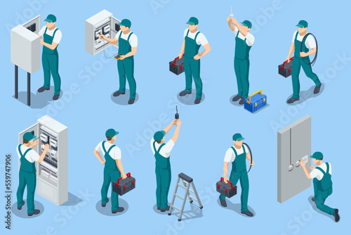 Isometric Electricity works set. Professional worker in the uniform repair electrical elements. Electric switchboards, transformers, distribution boards.