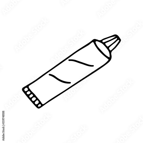 A tube of paint with a lid. Tube with toothpaste. Tubes are used in the chemical, pharmaceutical and cosmetic industries. Doodle. Vector illustration. Hand drawn. Outline.