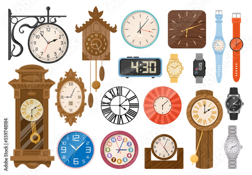 Cartoon clock. Wristwatches, electronic watch, mechanical vintage clocks, digital timepieces and quartz interior chronometers flat vector illustration set. Time measuring devices
