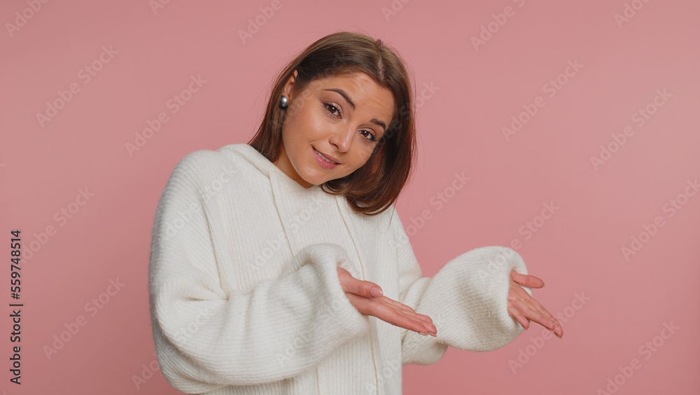 Woman raising hands asking what why reason of failure demonstrating ...