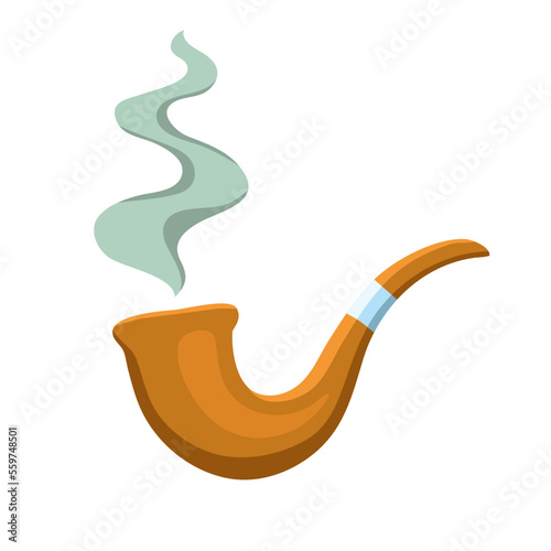 Wooden smoking pipe with smoke in a flat cartoon style, tobacco and cigar attribute. Vector illustration isolated on white background