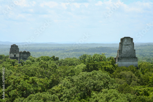 Ancient Maya ruins above forest in Tikal, Guatemala