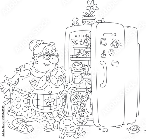 Funny plump housewife and her merry chubby cat peeking into a kitchen fridge full of tasty things to have a bite to eat, black and white outline vector cartoon illustration