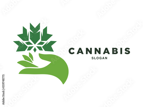 Hand with cannabis marijuana weed logo design vector
