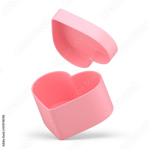 Open pink empty gift box heart shape for festive surprise storage 3d icon realistic illustration