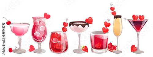 Cocktail set for Valentine's Day, Mother's Day, Women's Day.Cocktails with strawberries, marmalade, raspberries.Vector illustration.