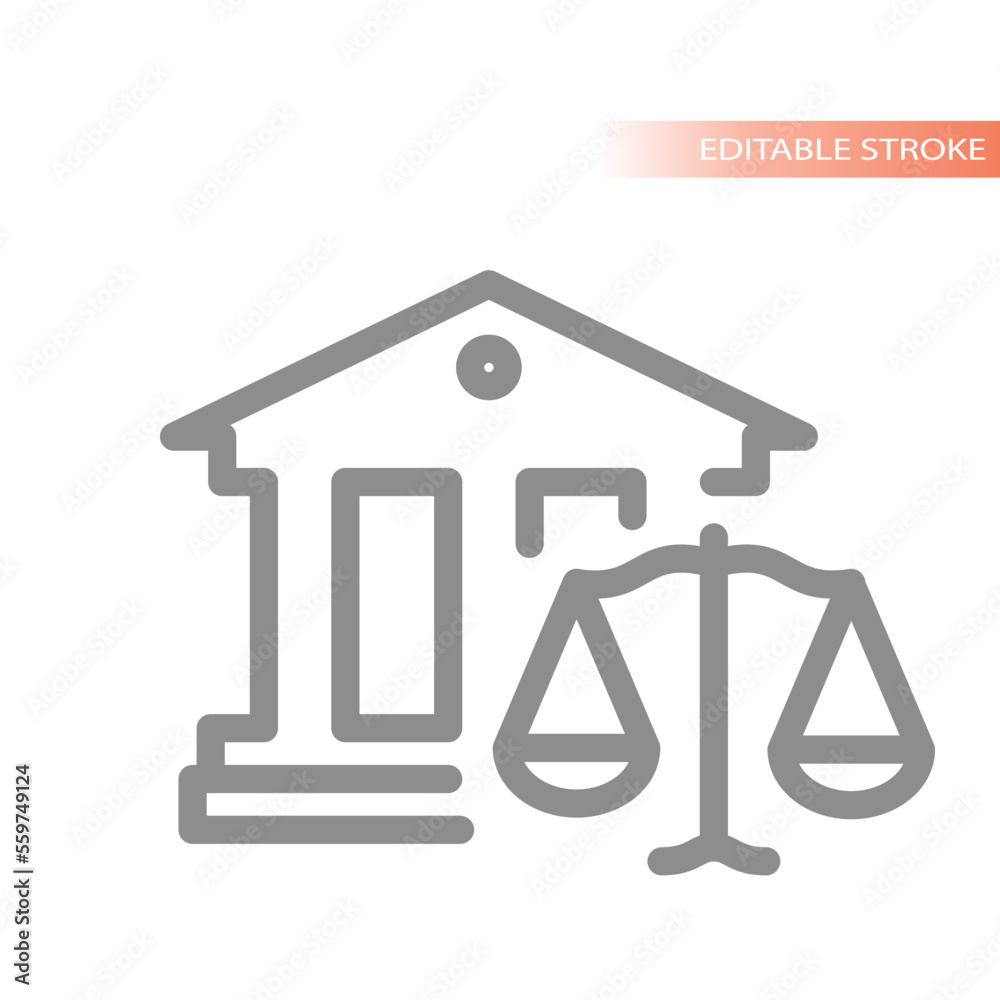 Court house and justice scales line vector icon. Law, attorney outlined symbol.
