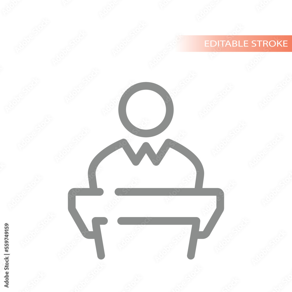 Lecturer and podium line vector icon. Man, speaker on tribune stand, lecture outlined symbol. Lecturer and podium line vector icon. Man, speaker on tribune stand, lecture outlined symbol.