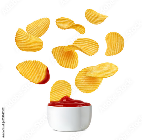Fotografia Falling crispy ripple potato chips and ketchup sauce, vector realistic food snack