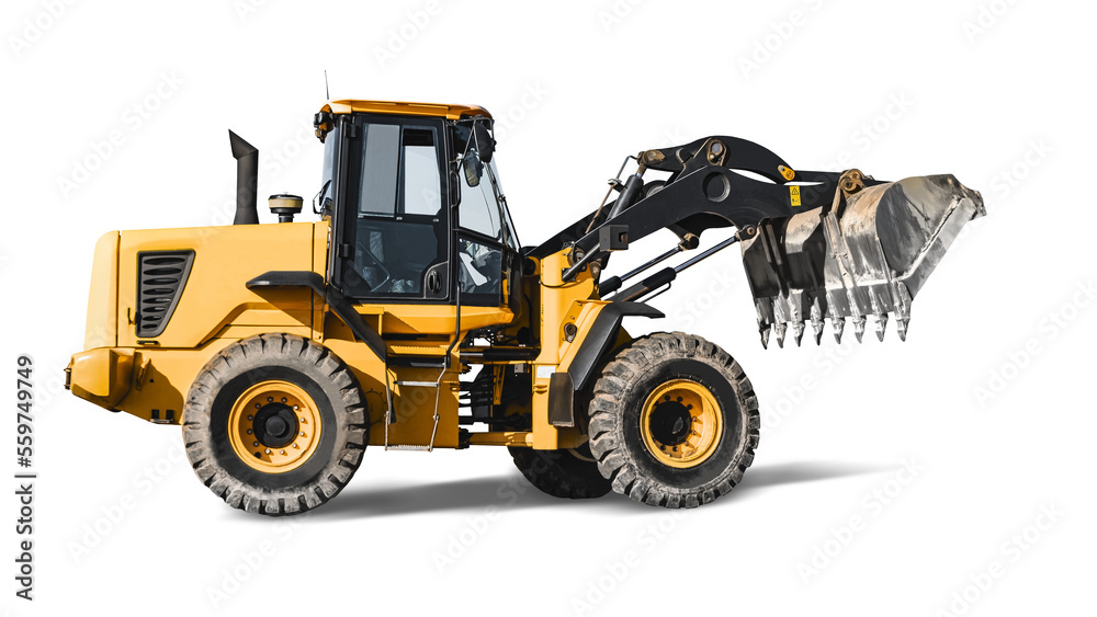 Large wheeled front loader or bulldozer on a white isolated background. construction machinery. Element for design. Transportation and movement of bulk materials. Excavation.