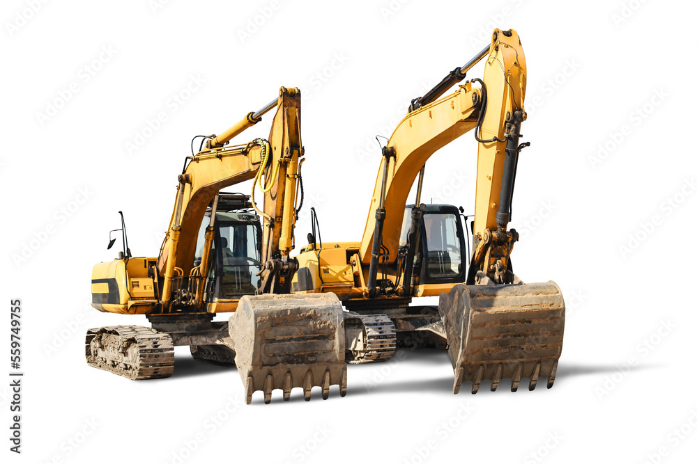 Two powerful crawler excavators isolated on white background. Powerful excavator with an extended bucket close-up. Construction equipment for earthworks. element for design. Two powerful crawler excavators isolated on white background. Powerful excavator with an extended bucket close-up. Construction equipment for earthworks. element for design.