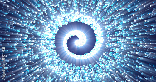 Fototapeta Naklejka Na Ścianę i Meble -  Abstract spiral tunnel of beautiful flying glowing magical particles bokeh blue energy circles on a dark background. Abstract background