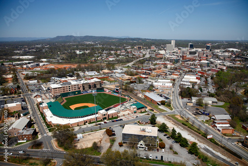 Aerial view of downtown Greenville, SC with Fluor Field