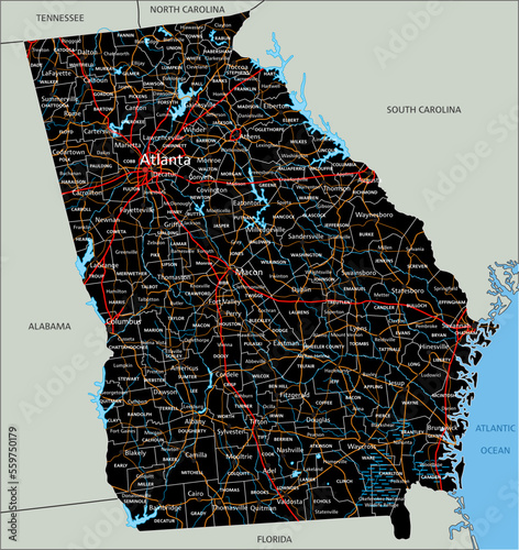 High detailed Georgia road map with labeling.