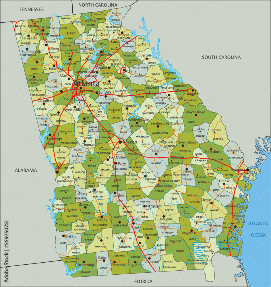 Highly detailed editable political map with separated layers. Georgia ...