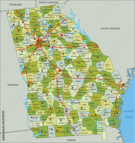 Highly detailed editable political map with separated layers. Georgia.