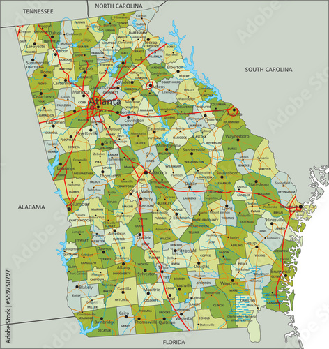 Highly detailed editable political map with separated layers. Georgia.