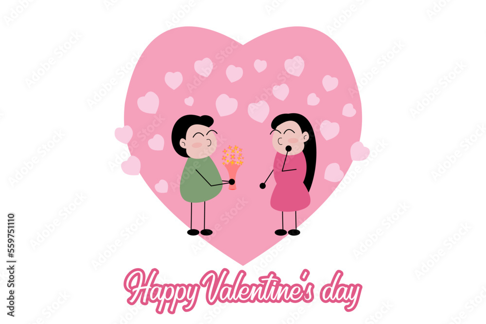 Man give bunch of flowers to his girlfriend. Expressing love, Lover's relationship, Design for Valentine's day festival on pink background, Valentine's day concept, Vector illustration. Man give bunch of flowers to his girlfriend. Expressing love, Lover's relationship, Design for Valentine's day festival on pink background, Valentine's day concept, Vector illustration.