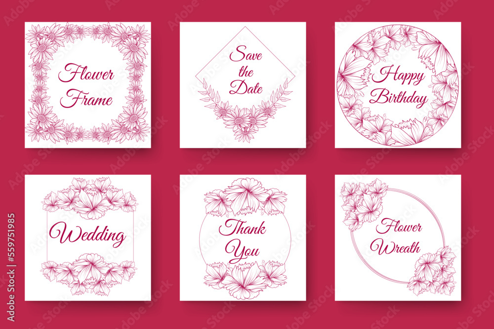 flower wreath design and floral frame design with elegant flowers border of wedding invitation card