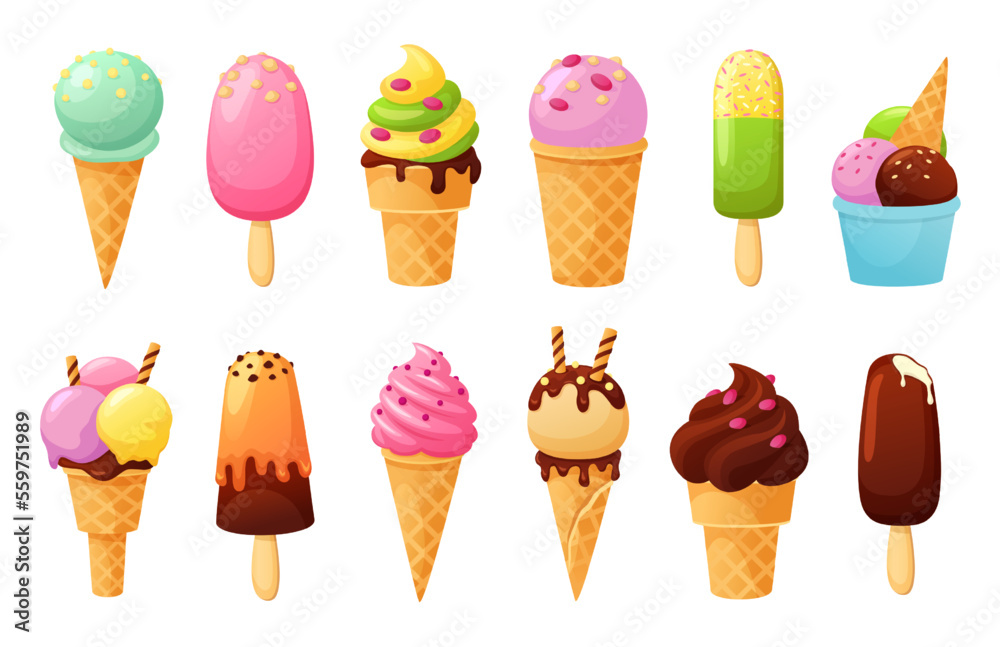 Cartoon ice cream. Tasty fruit ice, sweet summer sundaes in cone and cold delicious gelato vector illustration set