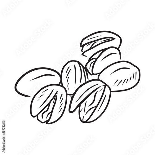 Realistic pistachios nuts in group in black isolated on white background. Hand drawn vector sketch illustration in outline vintage engraved style. Salty delicious organic food, nutshells.