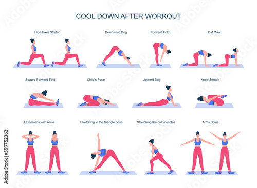 Cool down after workout exercise set. Male character doing stretching photo