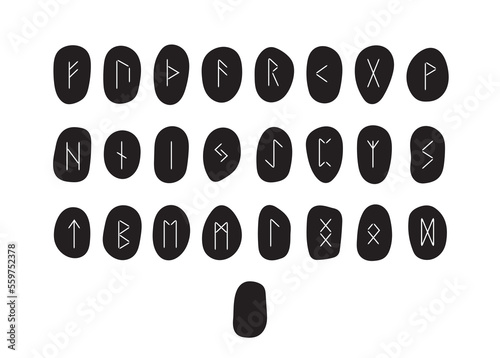 Scandinavian runes full collection of Elder Futhark including empty stone Odin. Esoteric instruments for divination. Vector black stones isolated on white background. 