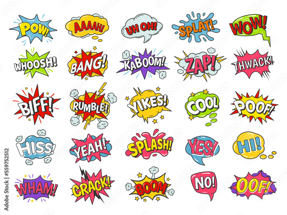 Comic book bubbles. Cartoon speech balloons with boom bang explosion, splash and poof, rumble and wham effects. Funny text vector set - obrazy, fototapety, plakaty 