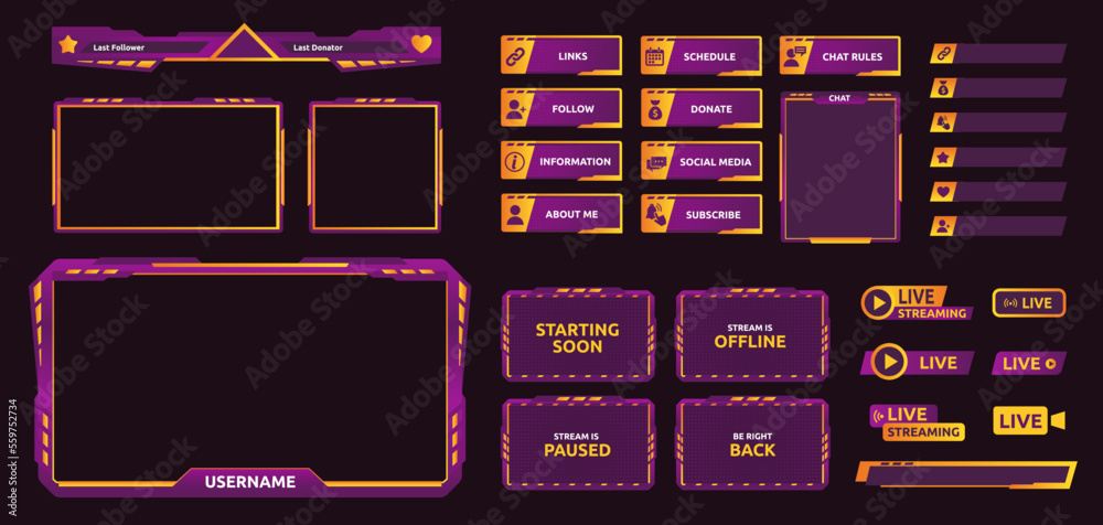 Gaming stream overlay. Futuristic UI graphic frames for game screen, neon color camera border and live chat template. Follow and donate buttons vector set