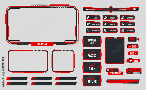Red stream overlay theme. Webcam border, game screen template and donation panel. Stream is offline, paused and starting soon vector set